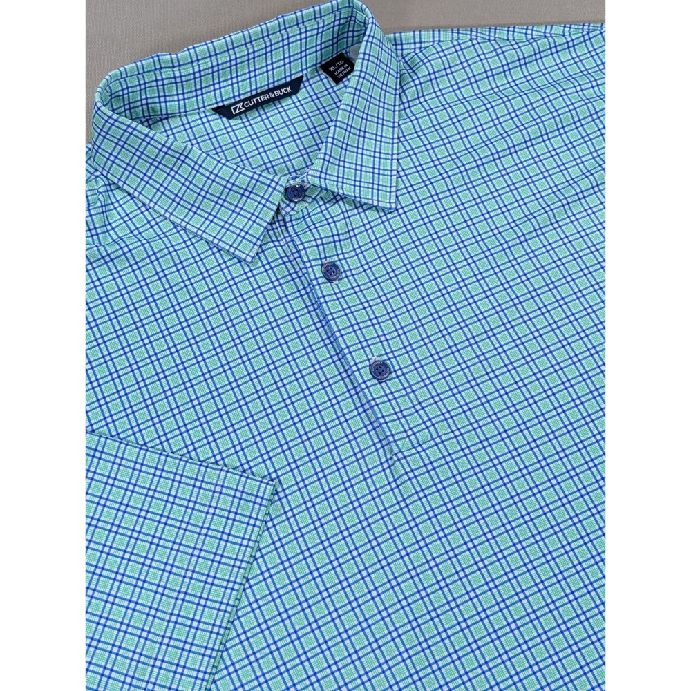 Cutter & Buck Shirt Mens Extra Large Blue Green Check Golf Resort Logo Stretch